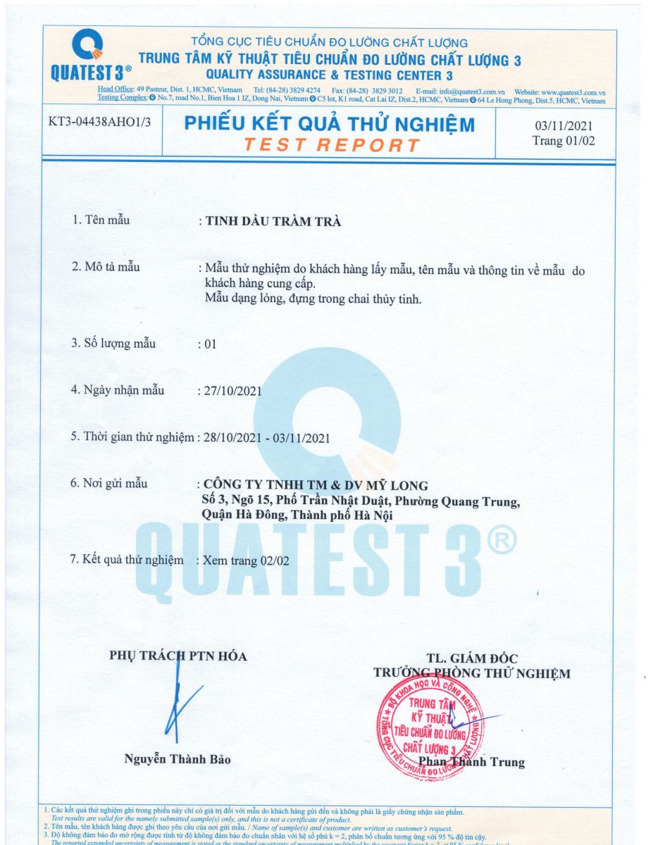 Bảng phân tích tinh dầu tràm trà 1