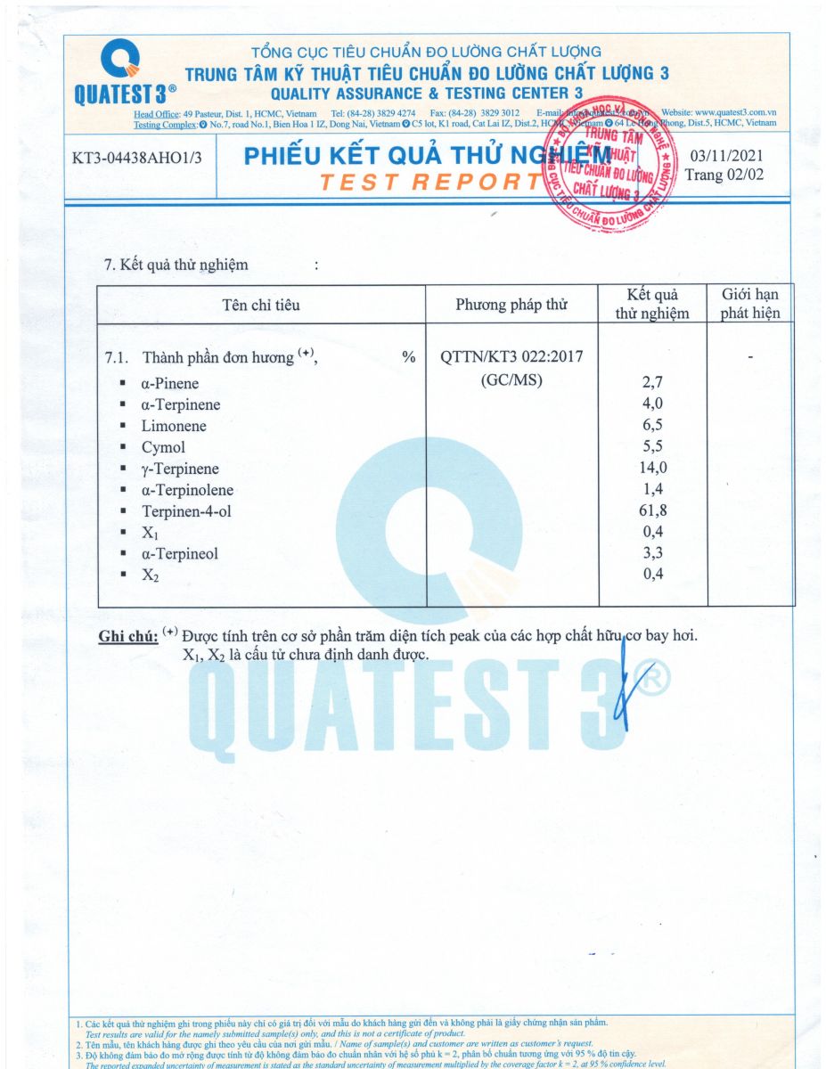 Bảng phân tích tinh dầu tràm trà 2